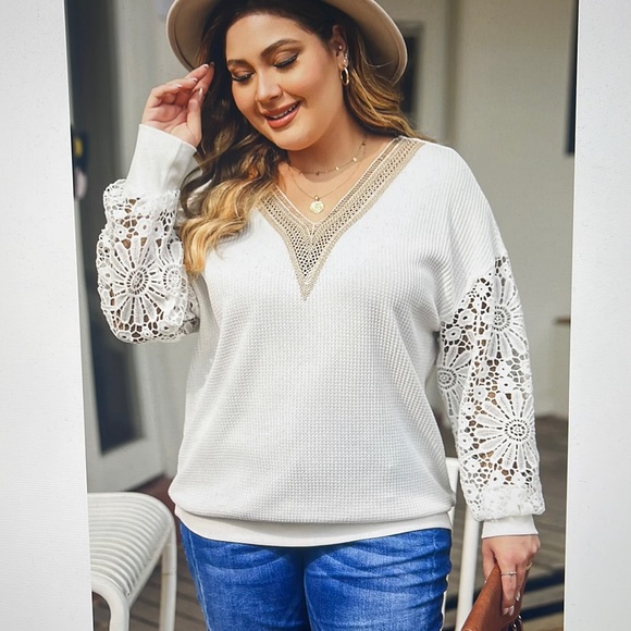 Tops - Waffle Thermal V Neck Top Shirt White Tan Lace Sleeves Size 1X